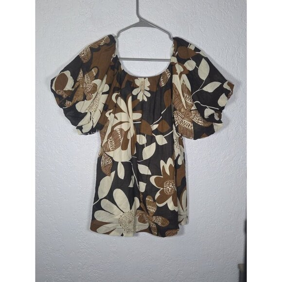 Umgee Womens Brown/Ivory/ Puffed Sleeve lined blouse, tropical vibe Small - Picture 7 of 7